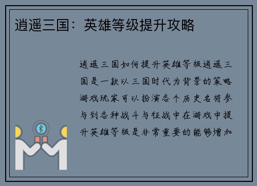 逍遥三国：英雄等级提升攻略